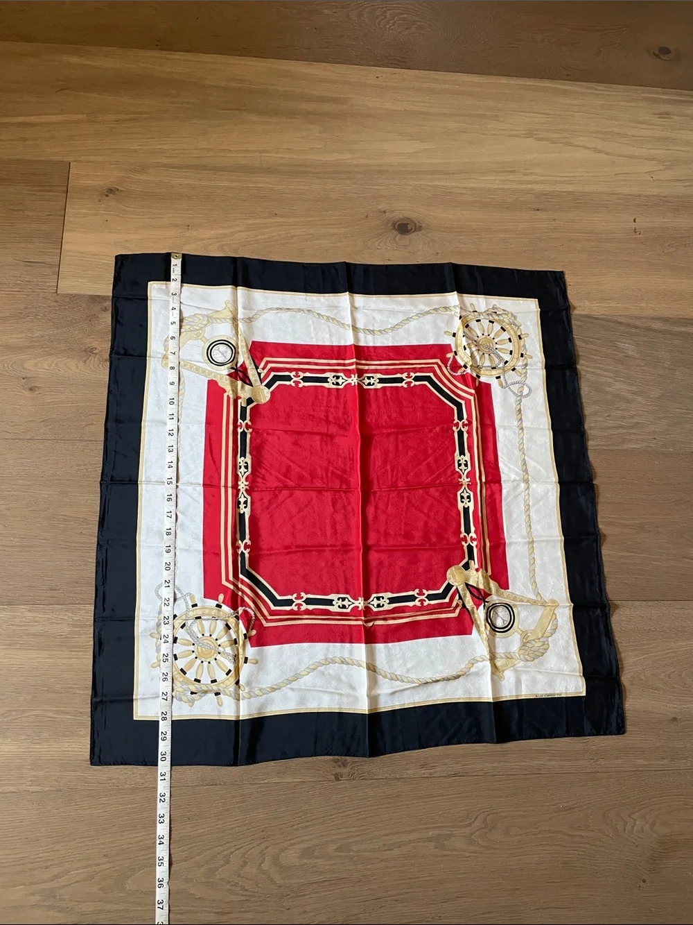 Vintage Liz Clabourne Nautical 100% Silk Scarf - Red Gold Black Stripe Square
